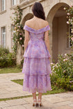 Off the Shoulder Floral Purple Tiered Wedding Guest Dress