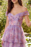 Off the Shoulder Floral Purple Tiered Wedding Guest Dress