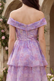 Off the Shoulder Floral Purple Tiered Wedding Guest Dress