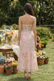 Pink Floral Strapless Appliqued Corset Wedding Guest Dress