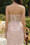 Pink Floral Strapless Appliqued Corset Wedding Guest Dress