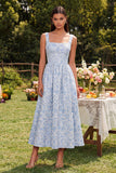Blue Floral A Line Square Neck Wedding Guest Dress