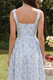 Blue Floral A Line Square Neck Wedding Guest Dress