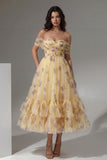Off the Shoulder Yellow Floral Ruched A Line Wedding Guest Dress