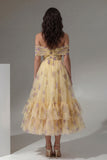 Off the Shoulder Yellow Floral Ruched A Line Wedding Guest Dress