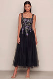 Black Appliqued Sequin Tulle A Line Wedding Guest Dress