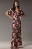 Pink Floral Flutter Sleeve V Neck Wedding Guest Dress