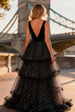 Tiered V Neck Black and White Polka Dot Prom Dress