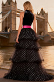 Halter Tiered Black and White Polka Dot Prom Dress