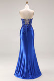 Strapless Royal Blue Mermaid Beaded Sequin Prom Dress