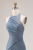Gillter Halter Mermaid Ruched Dusty Blue Prom Dress