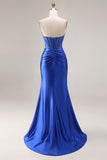 Strapless Royal Blue Mermaid Satin Beaded Prom Dress