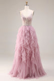 Sparkly A Line Ruffled Tulle Dusty Pink Prom Dress with Pearls