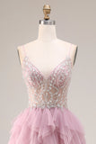 Sparkly A Line Ruffled Tulle Dusty Pink Prom Dress with Pearls