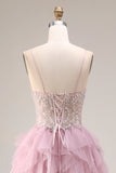 Sparkly A Line Ruffled Tulle Dusty Pink Prom Dress with Pearls
