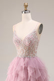 Sparkly A Line Ruffled Tulle Dusty Pink Prom Dress with Pearls