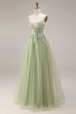 Sparkly A Line Beaded Light Green Prom Dress with Appliques