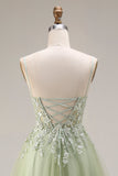 Sparkly A Line Beaded Light Green Prom Dress with Appliques