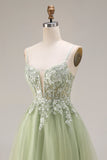 Sparkly A Line Beaded Light Green Prom Dress with Appliques