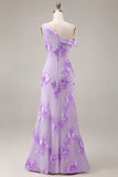 Asymmetrical Neck Yellow Mermaid Appliqued Prom Dress
