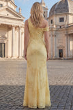 Asymmetrical Neck Yellow Mermaid Appliqued Prom Dress