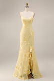 Yellow Appliqued Ruffled Prom Dress with Slit