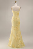 Yellow Appliqued Ruffled Prom Dress with Slit