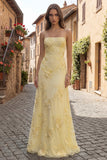 A Line Yellow Appliqued Maxi Prom Dress