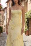 A Line Yellow Appliqued Maxi Prom Dress