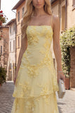 Tiered Appliqued Yellow Maxi Prom Dress