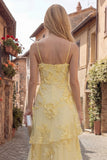 Tiered Appliqued Yellow Maxi Prom Dress