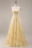 Yellow A Line Square Neck Prom Dress with Pearls