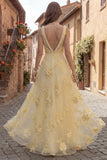Yellow A Line Square Neck Prom Dress with Pearls