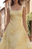 Yellow A Line Square Neck Prom Dress with Pearls