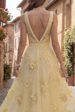 Yellow A Line Square Neck Prom Dress with Pearls