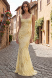 Mermaid Yellow Pearled Appliqued Square Neck Prom Dress