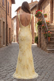 Mermaid Yellow Pearled Appliqued Square Neck Prom Dress
