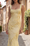 Mermaid Yellow Pearled Appliqued Square Neck Prom Dress