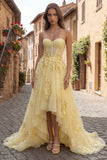 High Low Strapless Yellow Corset Maxi Prom Dress