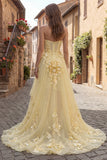 High Low Strapless Yellow Corset Maxi Prom Dress