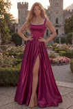 Blush A Line Square Neck Satin Prom Dress with Pearls