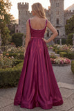 Blush A Line Square Neck Satin Prom Dress with Pearls