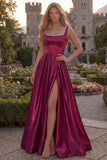 Blush A Line Square Neck Satin Prom Dress with Pearls
