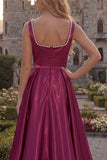 Blush A Line Square Neck Satin Prom Dress with Pearls