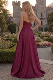 Strapless A Line Satin Fuchsia Maxi Prom Dress