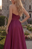 Strapless A Line Satin Fuchsia Maxi Prom Dress
