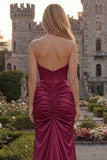 Strapless Burgundy Mermaid Satin Ruched Maxi Prom Dress