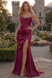Burgundy Mermaid Satin Cowl Neck Maxi Prom Dress
