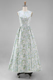 Blue Floral A Line Wedding Guest Dress with Pockets