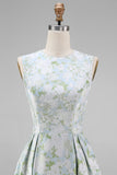 Blue Floral A Line Wedding Guest Dress with Pockets